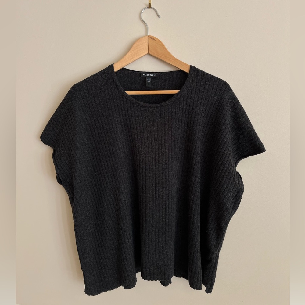 EILEEN FISHER Short Sleeve Organic Cotton Blend Rib Top Charcoal size L